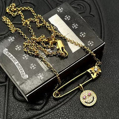 Chrome Hearts gold full diamond smiley face brooch necklace