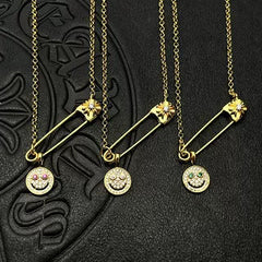 Chrome Hearts gold full diamond smiley face brooch necklace