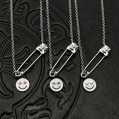 Chrome Hearts silver full diamond smiley face brooch necklace