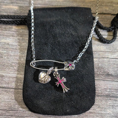 Chrome Hearts 925 silver brooch red diamond heart cross necklace